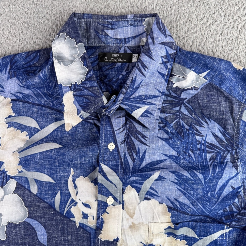 Countess Mara Button Up Shirt Mens Large Blue Floral Tropical Cotton Made in USA